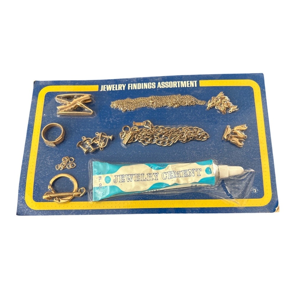 Vintage Jewelry Findings Assortment Kit Gold Tone Chains Earring Backs Cement